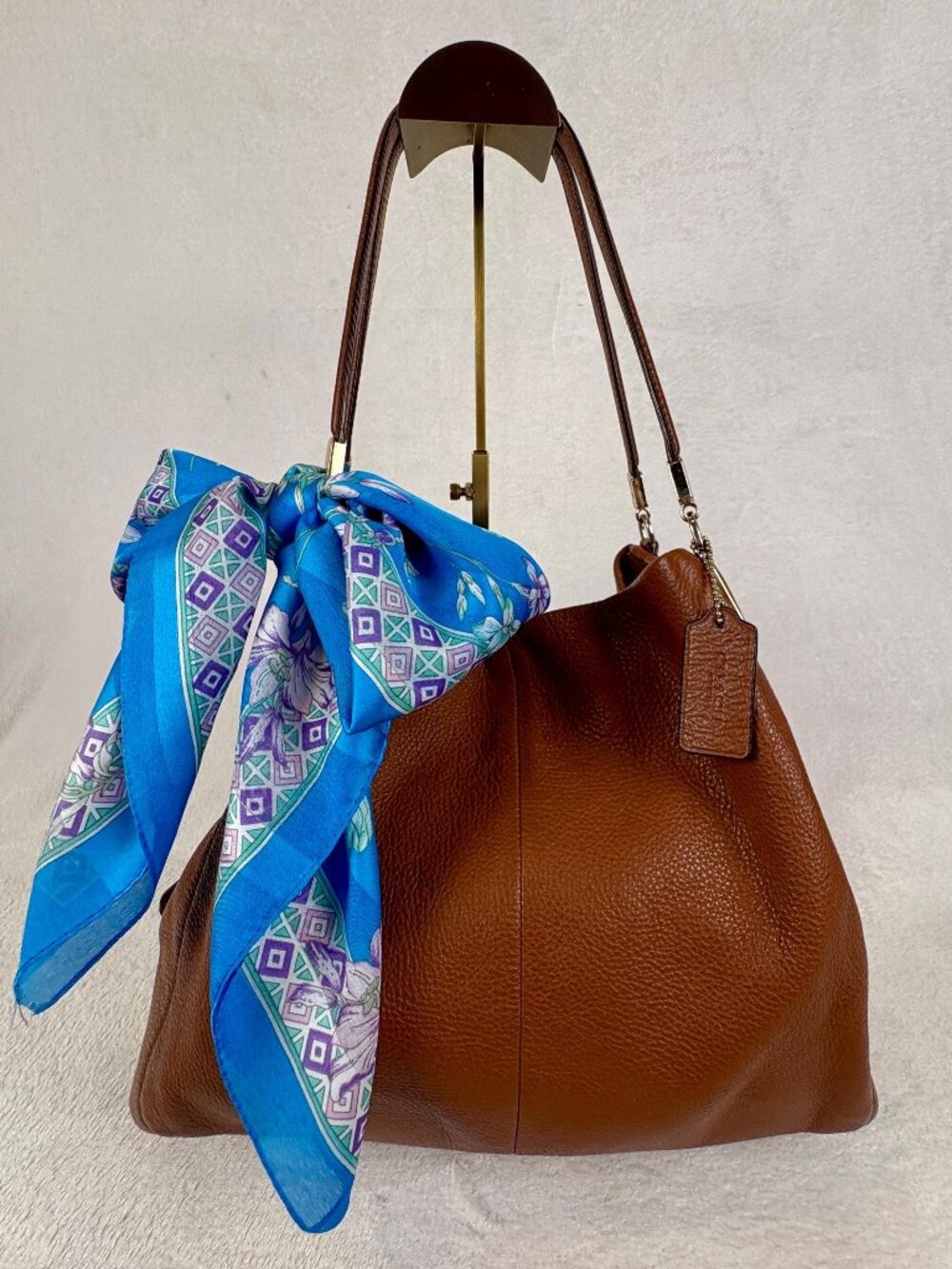 Coach Madison Phoebe Hobo Shoulder Bag in Brown Pebble Leather with Scarf